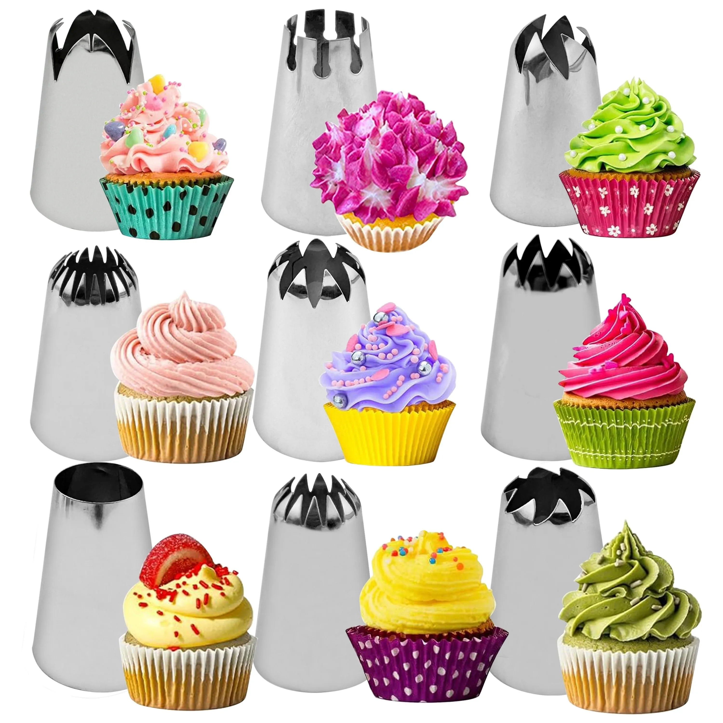 9pcs Essential Piping Tips Set,Stainless Steel Macaron Piping Nozzles,Cake and Cookie Decorating Tube Kit,Large Cream Icing Tip