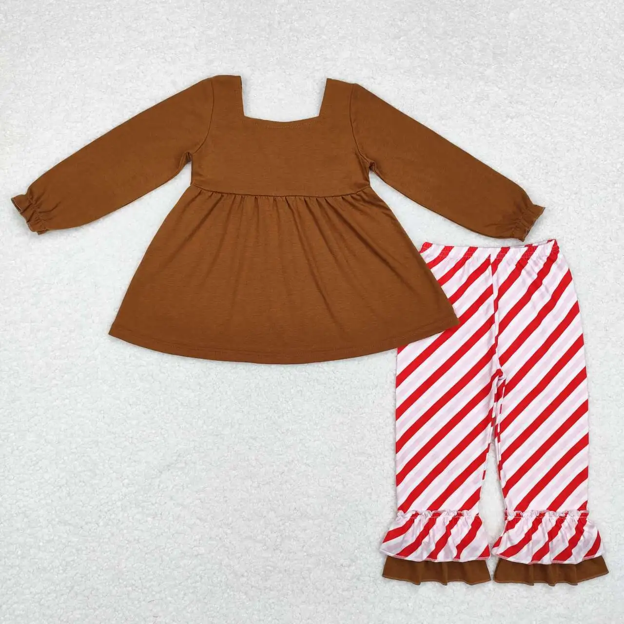 Winter Baby Girls Clothing Holiday Wholesale Ready to Ship Wear Cute Toddle Baby Girls Christmas Brown Long Sleeve Top Outfit