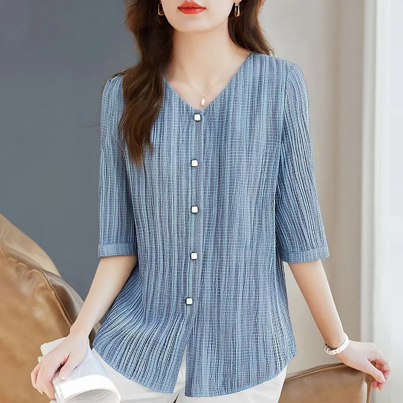 

3/4 Sleeve Shirt Women's Spring Summer New Fashion Korean Style Elegant V-Neck Top