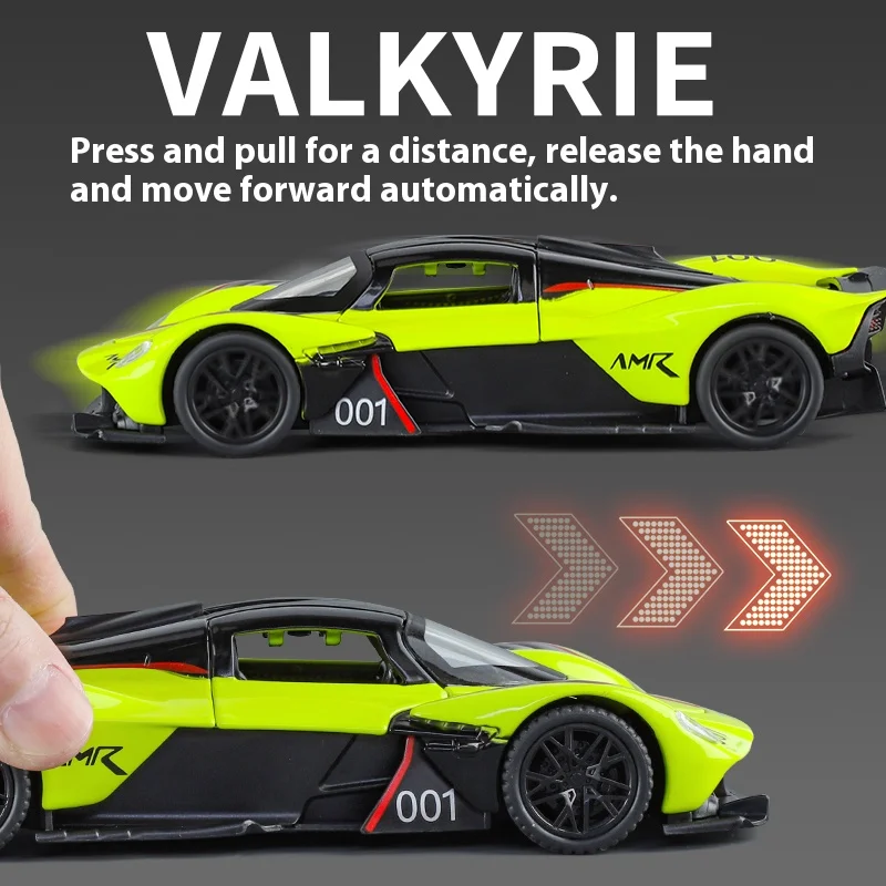 Model samochodu sportowego Valkyrie w skali 1:32, symulacja dźwięku i światła, zabawka dla dzieci z podstawą, kolekcjonerskie ozdoby, prezent urodzinowy.