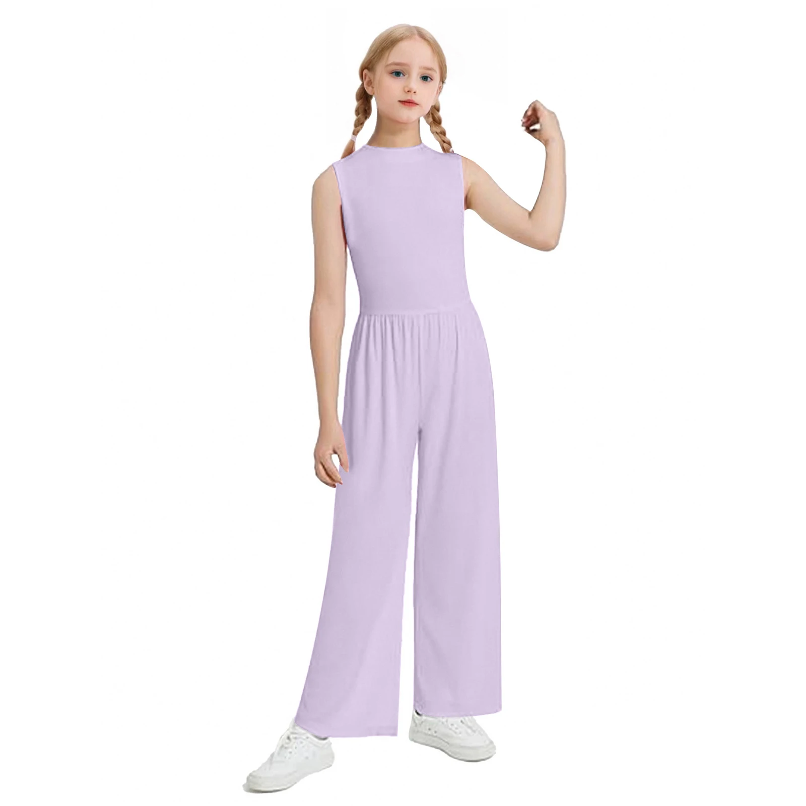 

Kids Girls Wide-Leg Jumpsuit Ribbed Party Bodysuit Rompers Sleeveless High Waist Casual Bodysuit for Banquets Birthday Yoga