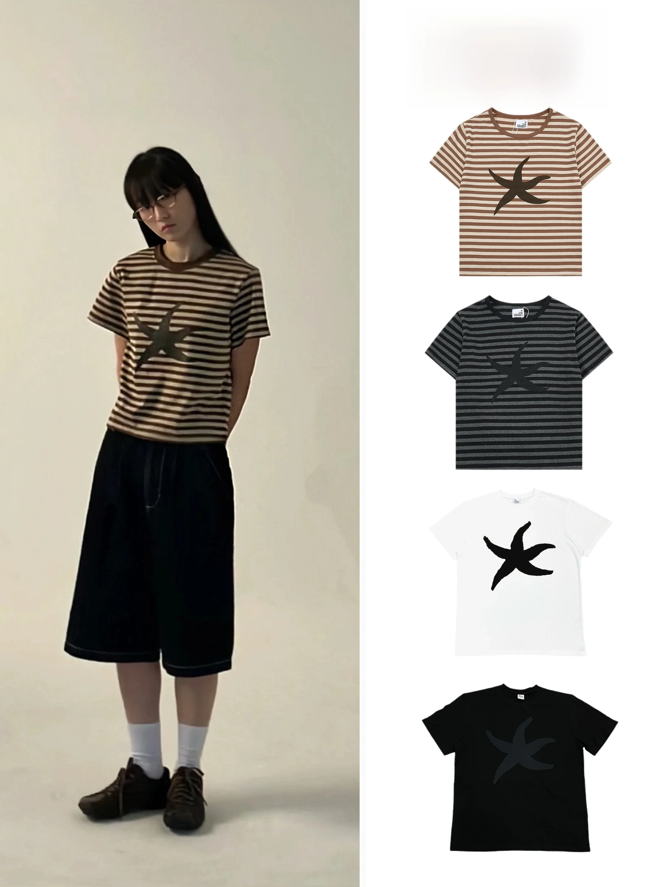 

Korean Style Striped Short Sleeve T-Shirt Embroidered Print Casual Top for Women Cotton 100% round Neck Regular Length