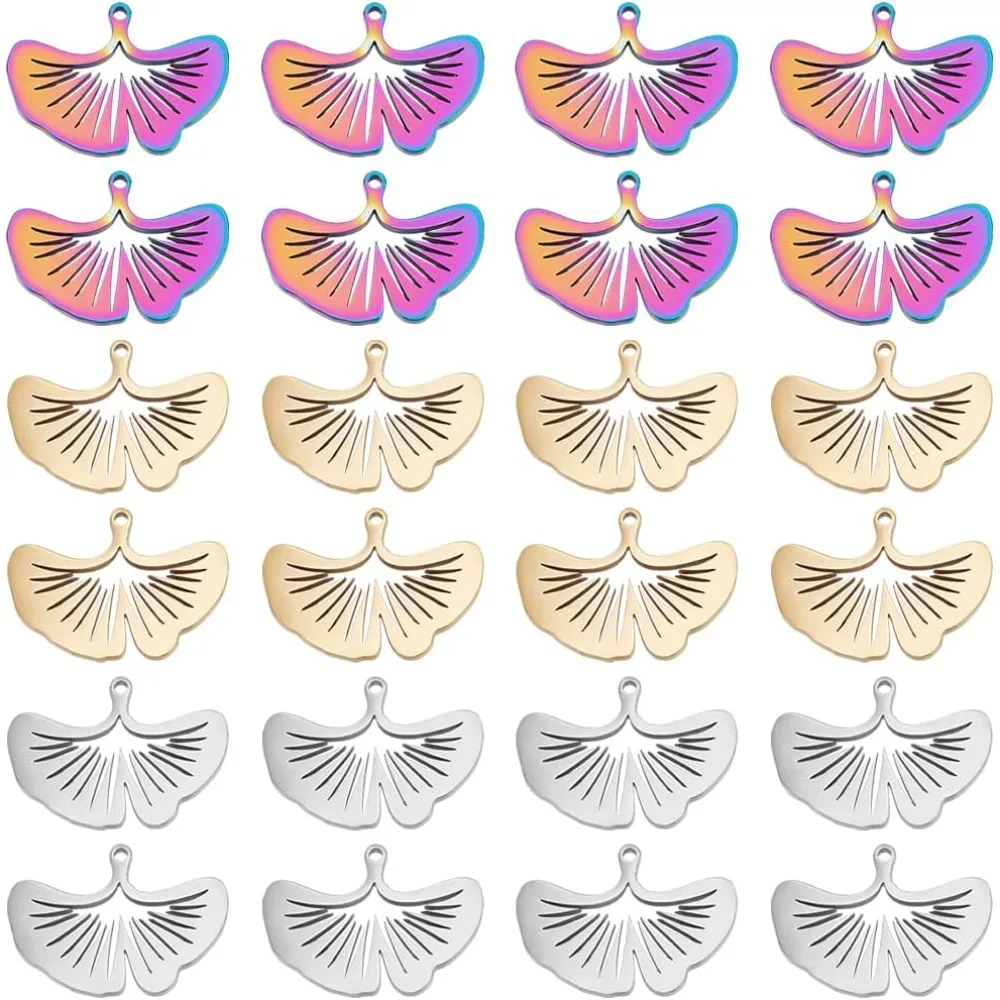 

24Pcs 3 Colors Ginkgo Leaf Charms Rainbow Stainless Steel Dangle Charms Filigree Connectors Charms Metal Embellishments Charms