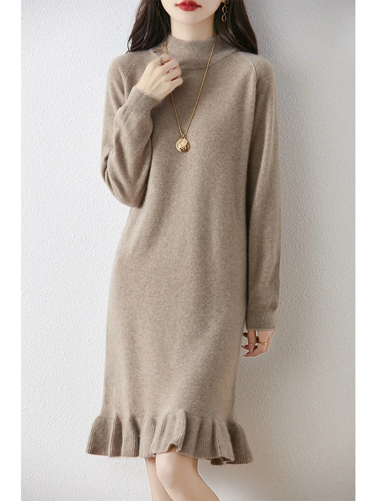 

Mid to Long Pure Cashmere Wool Dress for Women in autumn and Winter Pullover Half High Collar Base Shirt Slim fit Knitted Ruffle