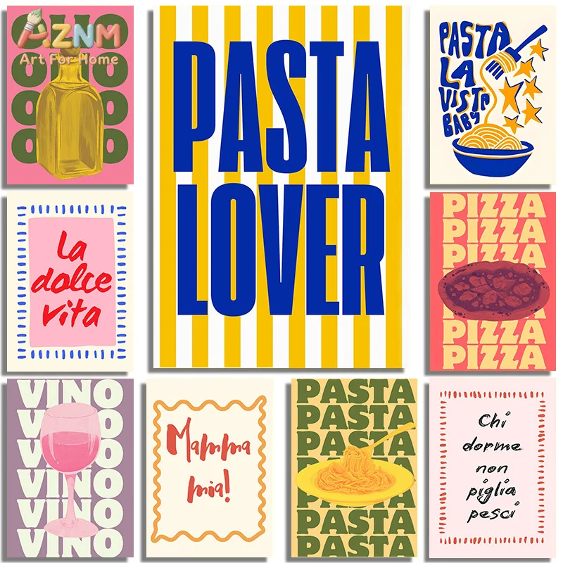 AZNM - Lienzo Decorativo con Diseño de Comida Italiana Colorida, Pasta, Pizza, Vino, Aceite de Oliva, Impresión Retro Tipográfica, Lienzo sin Marco para Cocina o Comedor