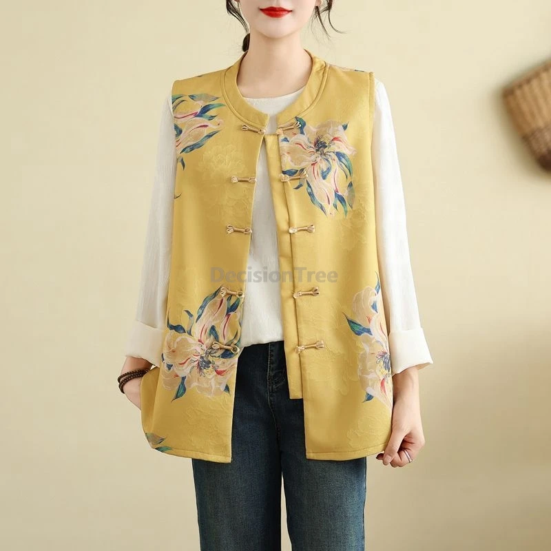 

Женский жилет в китайском стиле, весенне-осенний, с воротником-стойкой, больших размеров, свободного кроя, в восточном стиле, без рукавов, с цветочным принтом, топ-жилет.