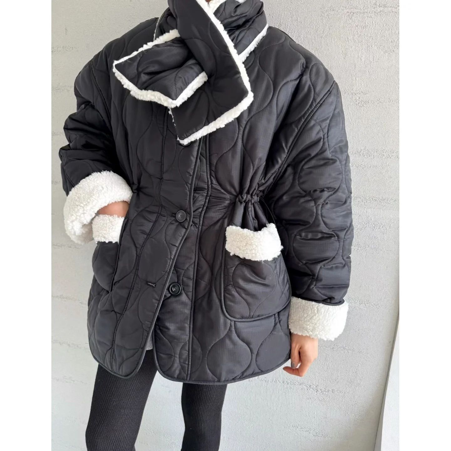 

Women's Winter Thiened Cotton Jaet Coat with Scarf Warm Top Faionable Loose Sle Dongda Gate Sle Long Sve
