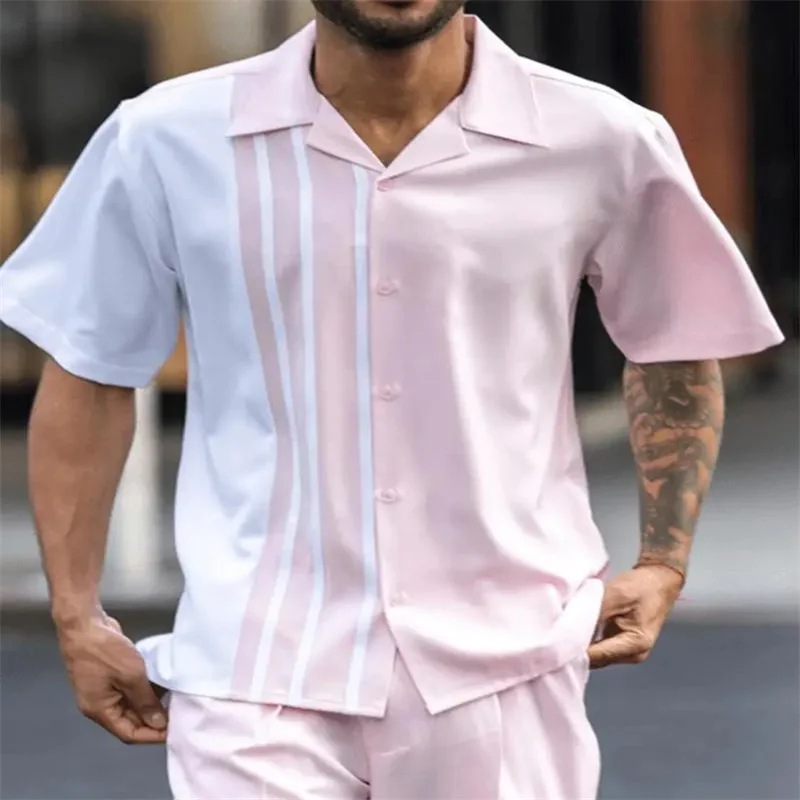 Traje informal de manga corta para hombre, pantalones con estampado a rayas de color, traje de viaje callejero, ropa de primavera, top, 2023