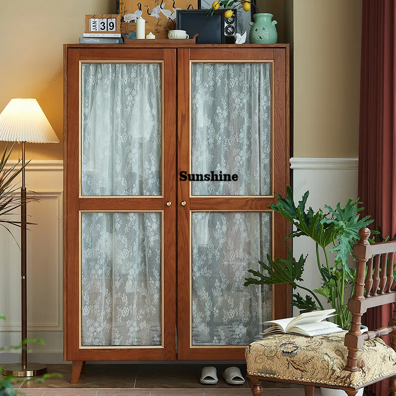 

Retro double door, solid wood locker, gauze curtain, Chinese glass wardrobe