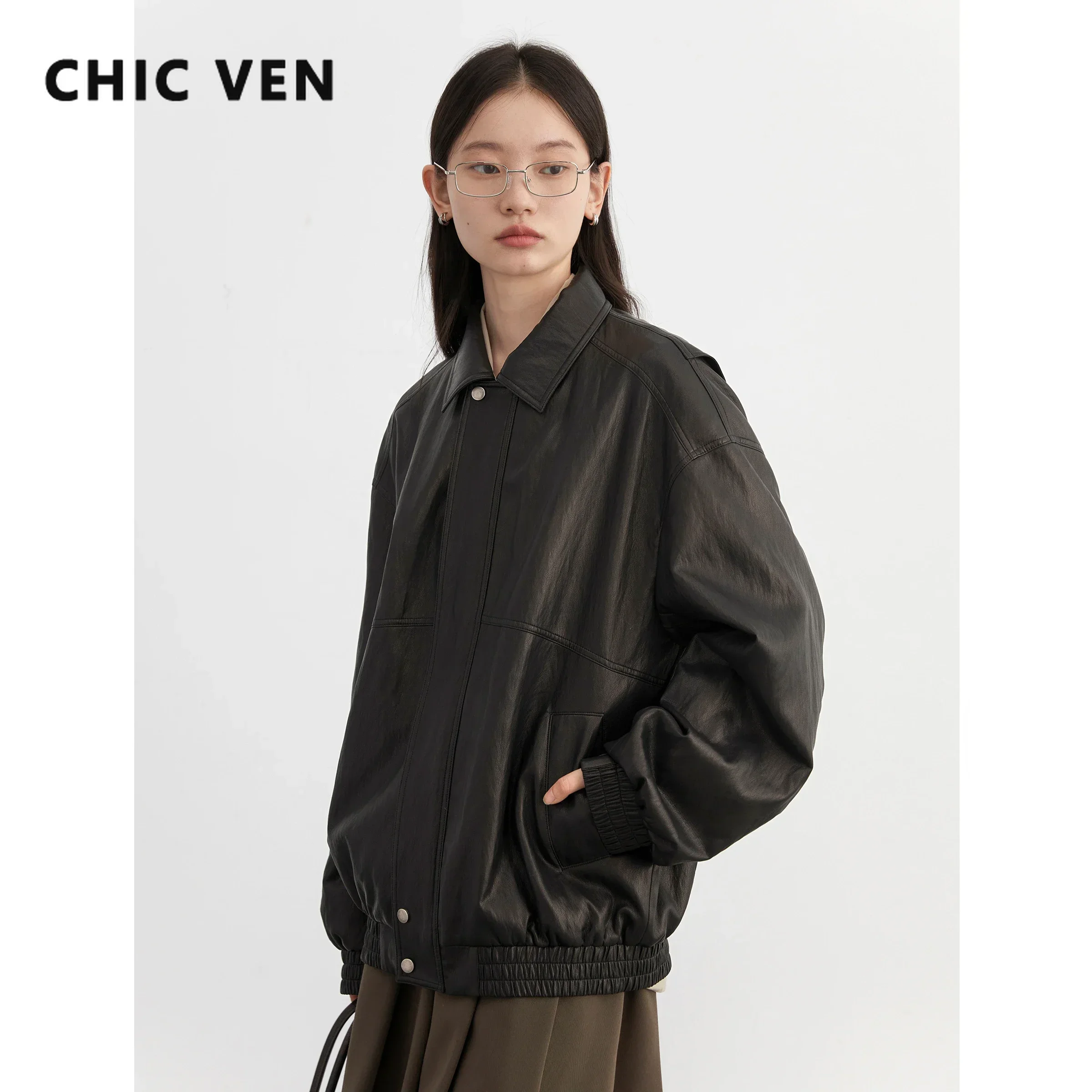 CHIC VEN-Blouson en similicuir PU femme, plissé, solide, Bergame, printemps, automne, 2024