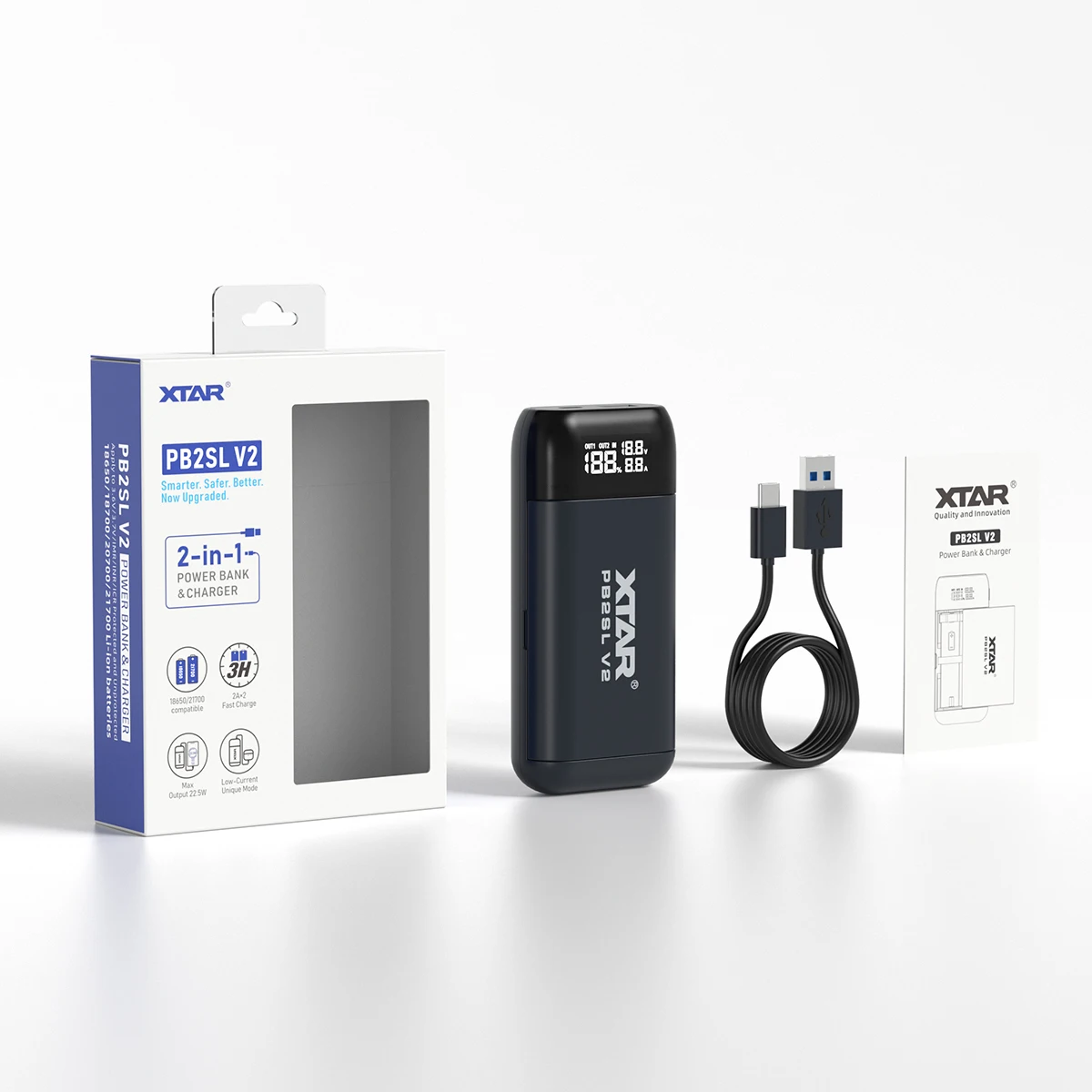 XTAR PB2SL V2 Batterijlader QC3.0 Smart Charge Type C USB DIY Powerbank 18650 20700 21700 Oplaadbare Draagbare Lader
