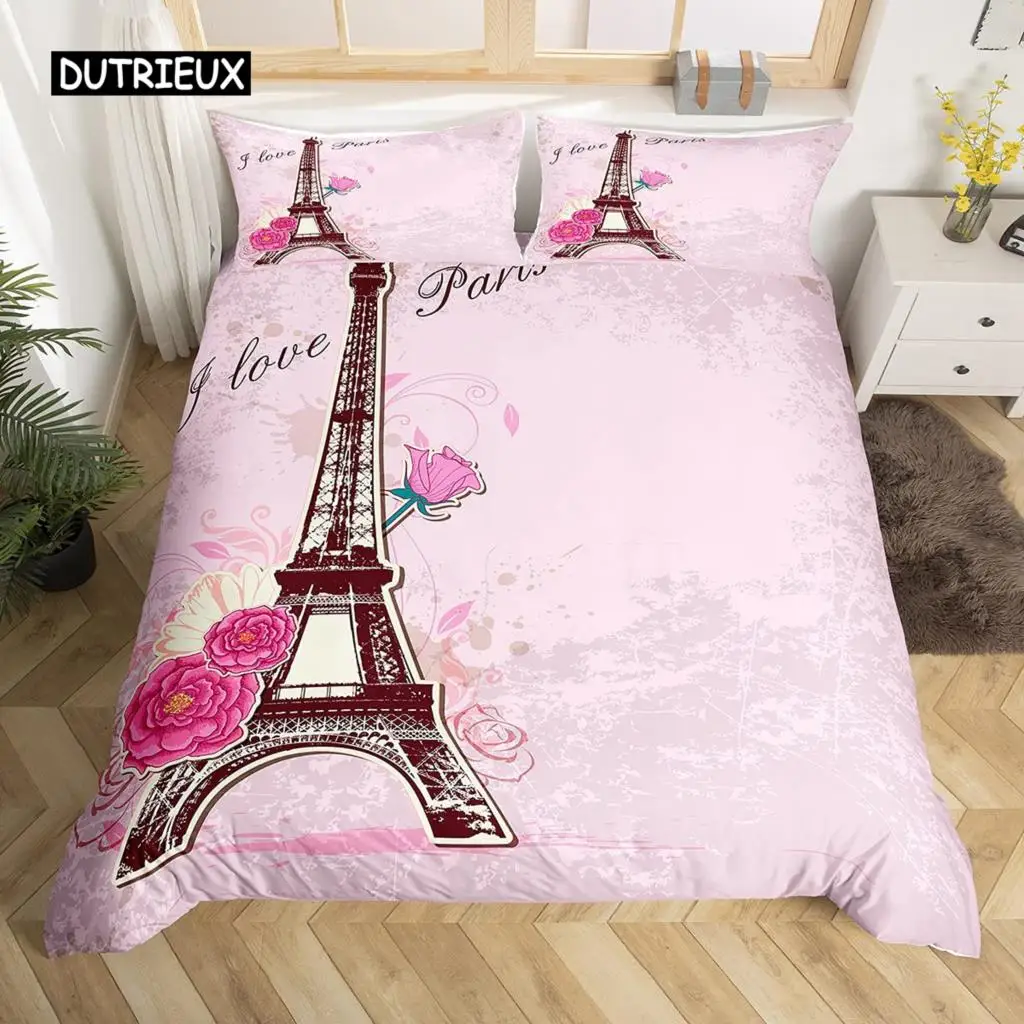 Eiffel Tower Duvet Cover Set King Paris Building Themed Couple Bedding Set Polyester Cityscape Romantic Pink Rose Quilt Cover