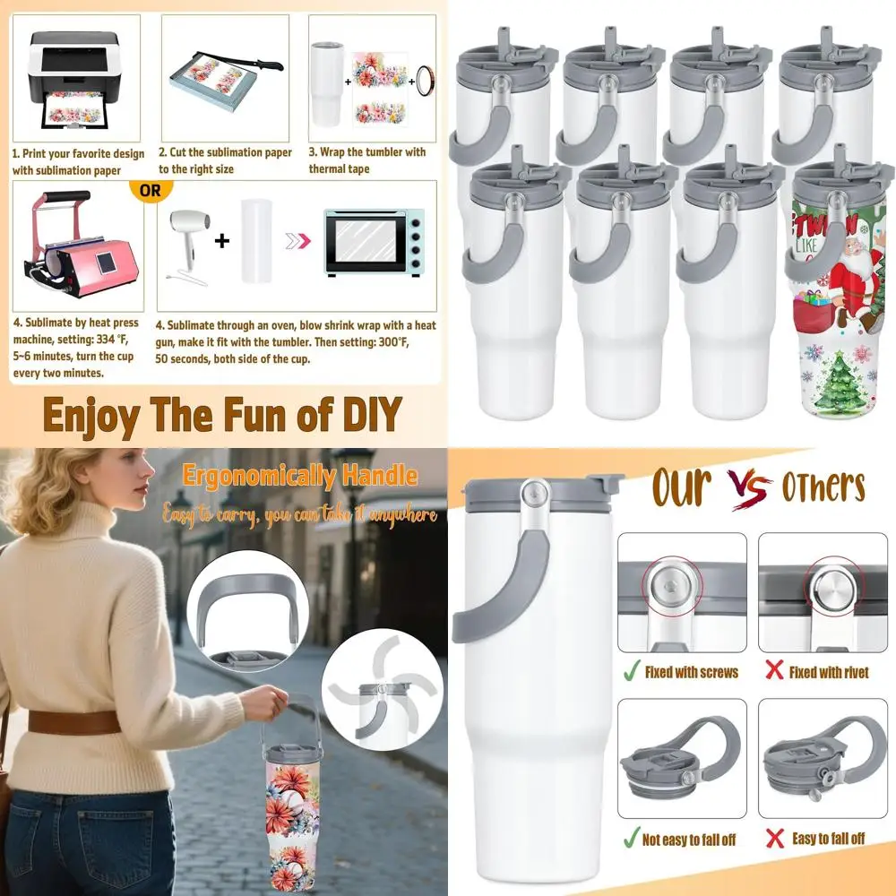 

Set of 8, 30oz Insulated Tumblers with Handle and 2-in-1 Lid, Stainless Steel Water Bottles, Ideal for Travel, Outdoors, and Car