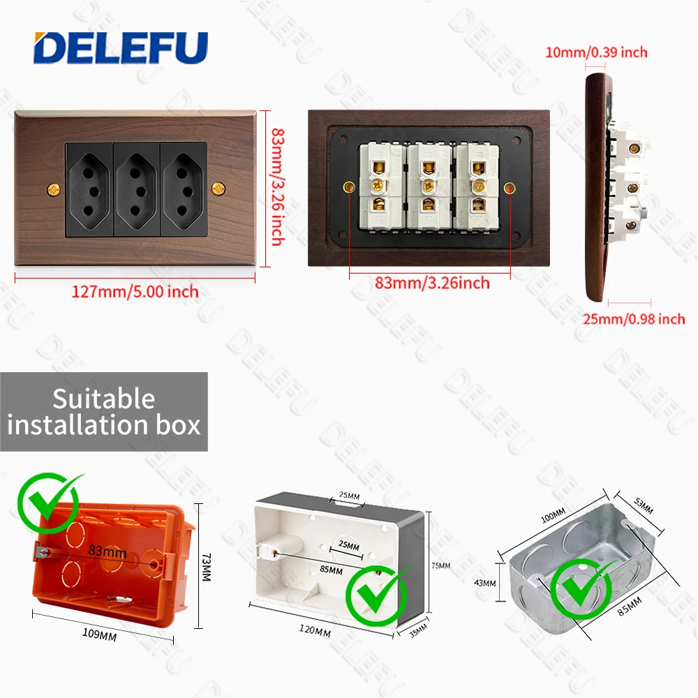 Zdjęcie 3: Gniazdko ścienne DELEFU z drewna orzechowego, standard brazylijski 118 mm, gniazdko ścienne USB typu C z szybkim ładowaniem, czarny