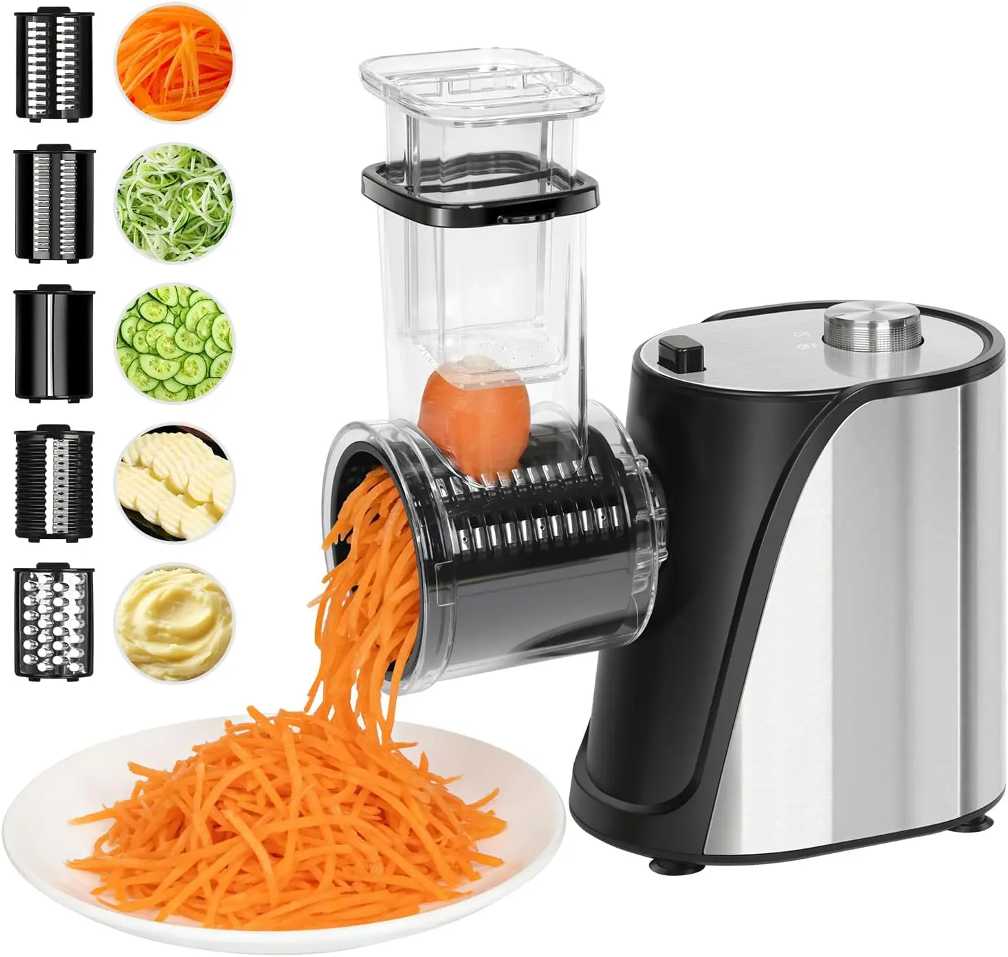 

Electric 5-in-1 Vegetable Slicer, Cheese Shredder & Fruit Chopper with 5 Blades for Kitchen