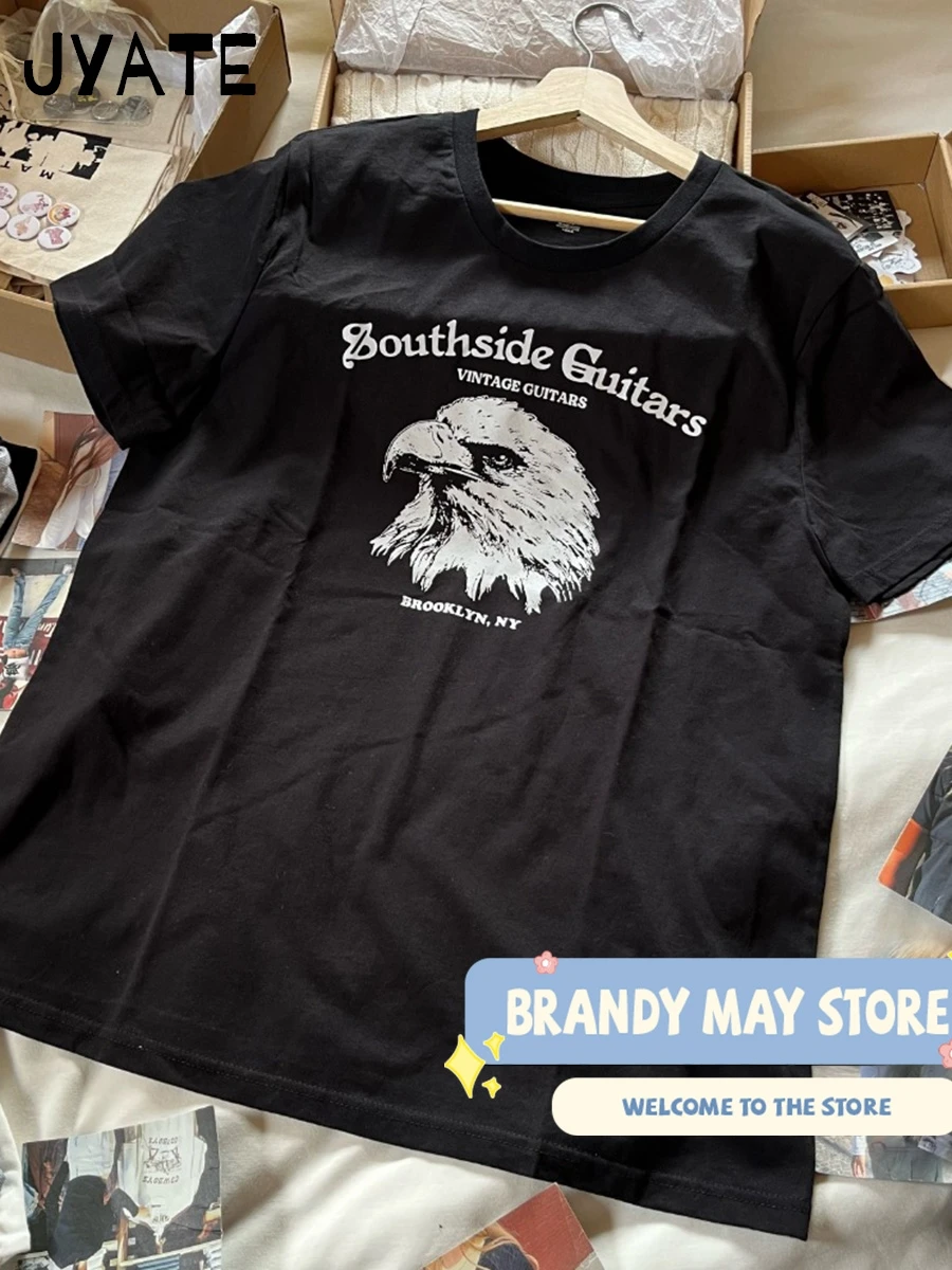 النسر طباعة الأسود فضفاض تي شيرت المرأة الصيف الشارع الشهير عادية نمط Preppy قصيرة الأكمام تي شيرت خمر Harajuku شيك تي شيرت Y2K