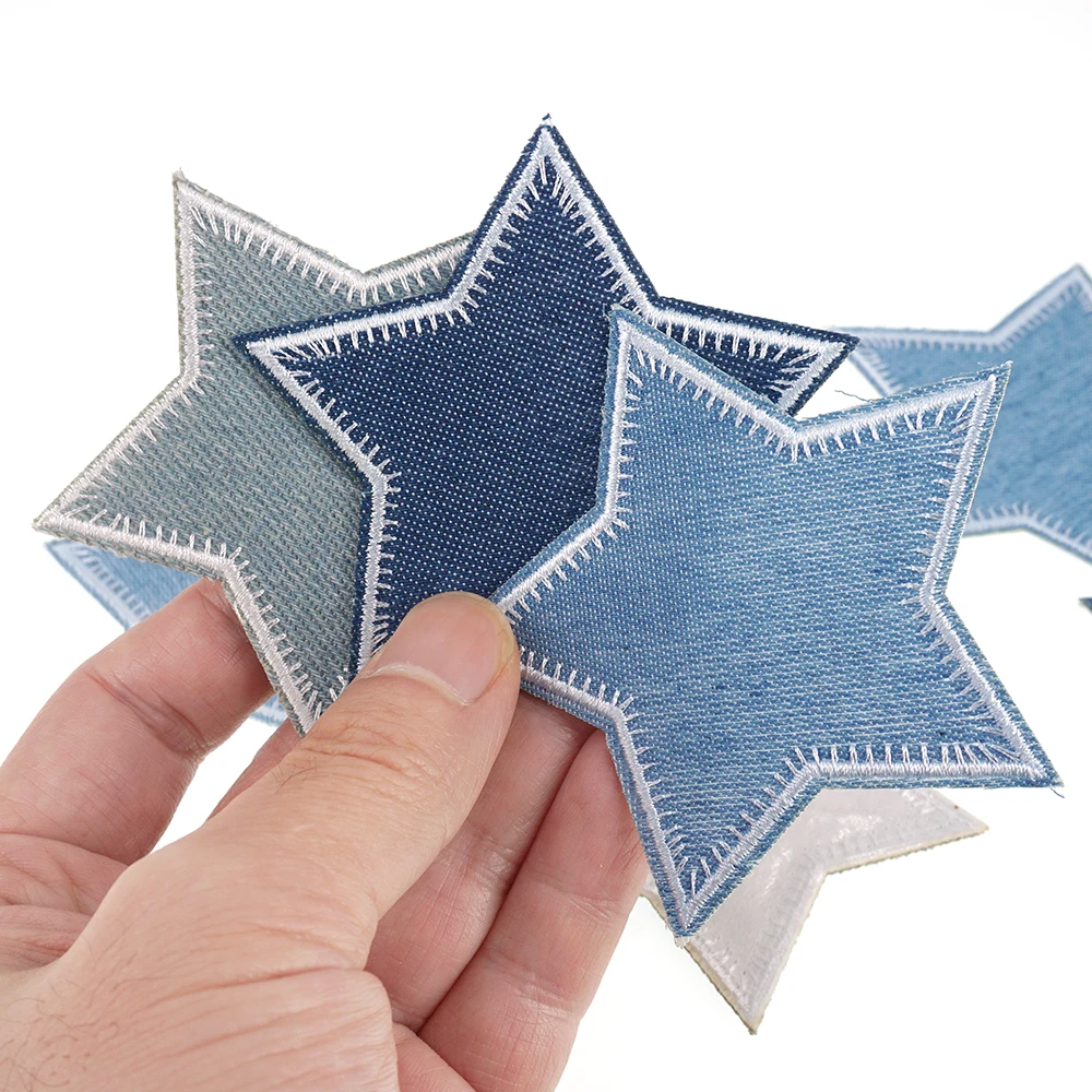 1 Piece Blue Jeans Star Patch Iron on Embroidered  Applique for Clothes Backpack