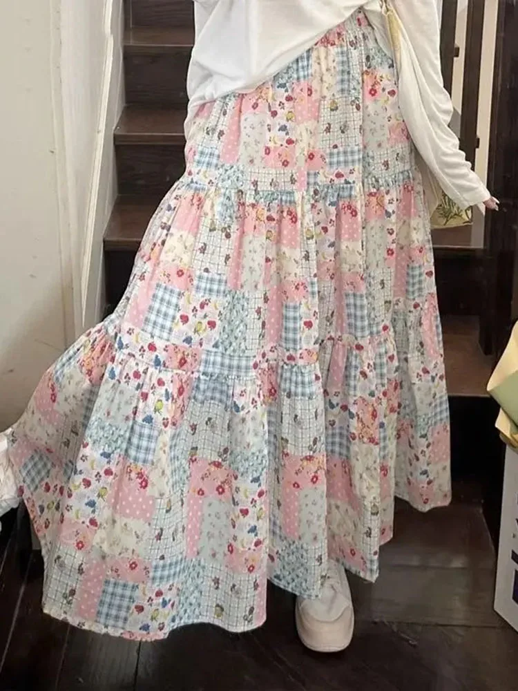 Korean Chic Floral Print Skirt Women 2026 New High Waist Loose Versatile A-line Long Skirts Sweet Fashion Y2k Faldas