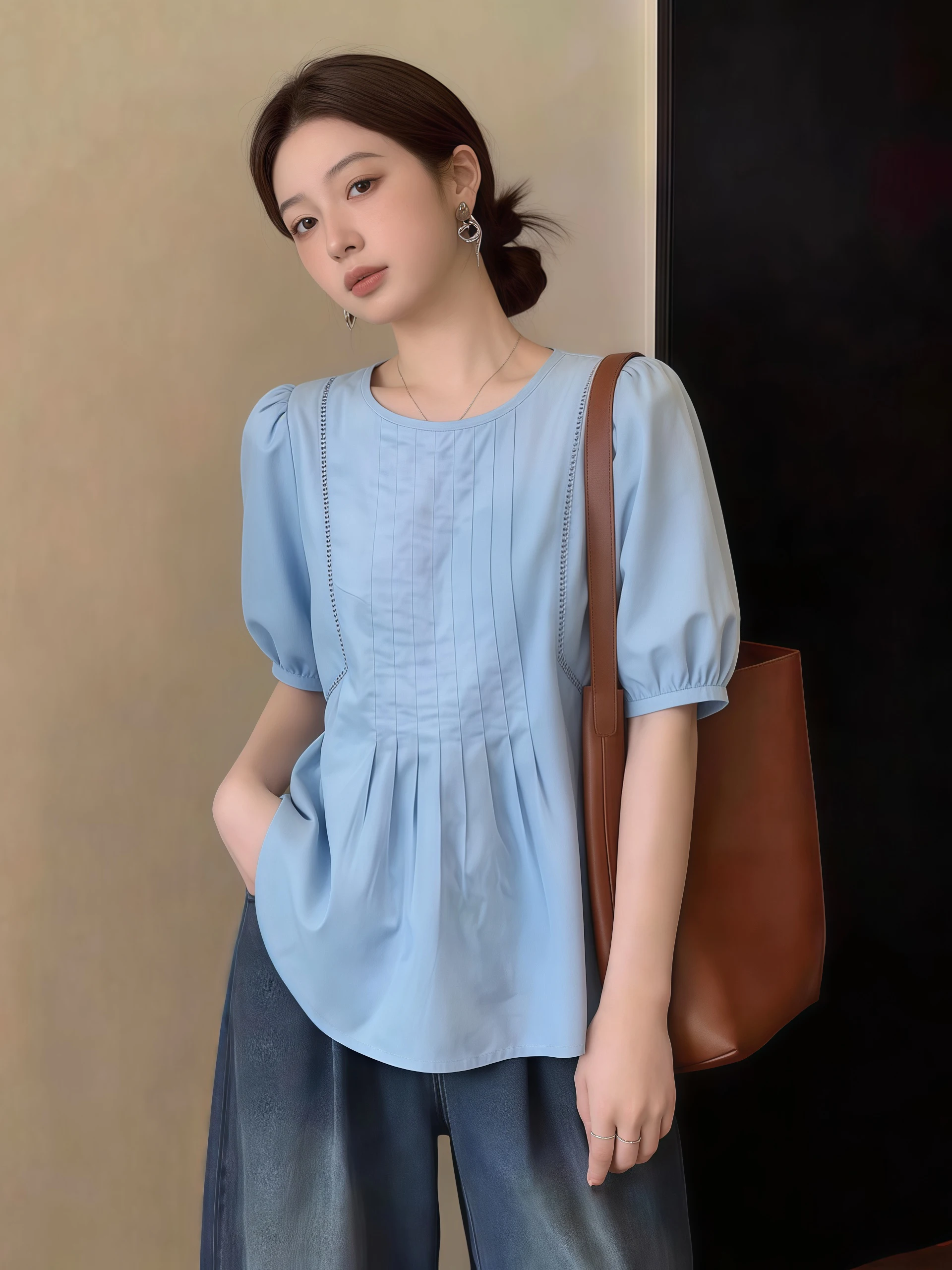 

Light Blue Women's Short Sleeve Shirt Summer New Style Big Size Fat MM Belly Covering Anti-Aging Doll Shirt Upper Body