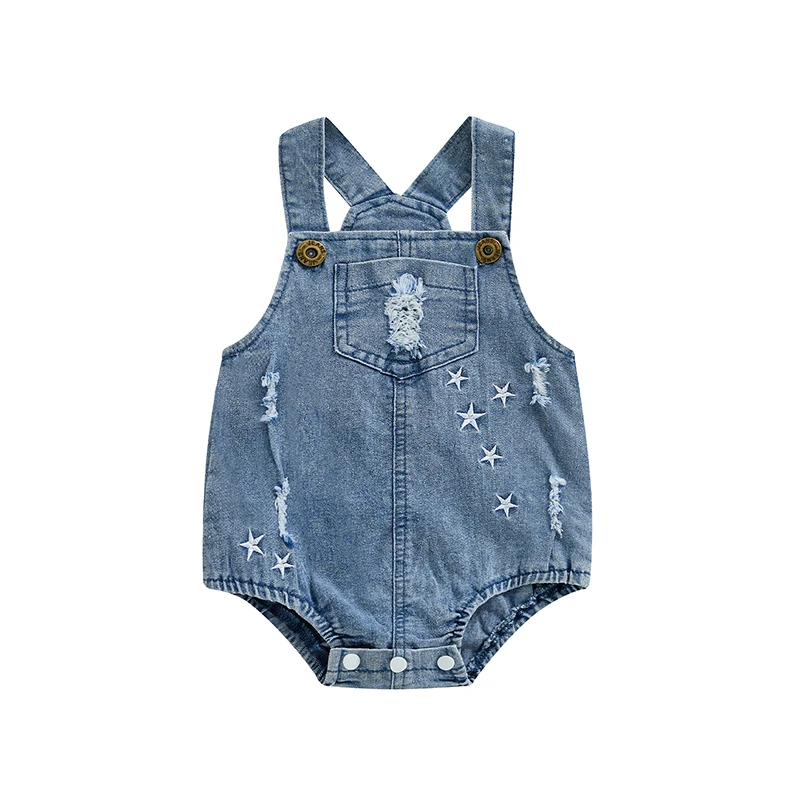 Baby Girls Denim Romper Overalls Bodysuit Ripped Star Embroidery Buttons Straps Infant Jumpsuit Summer Clothes