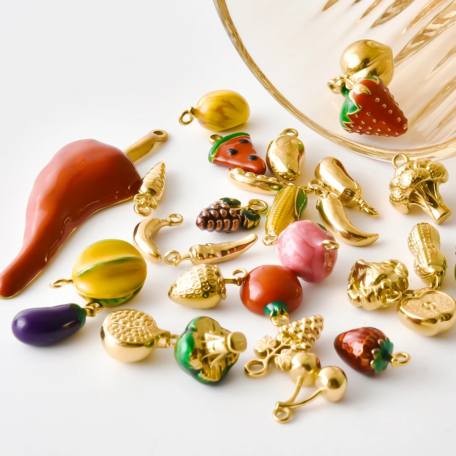 5Pcs Stainless Steel Enamel Cute Strawberry Mango Corn Grape Cherry Pendants Gold Plated DIY Bracelet Earrings Jewelry Findings