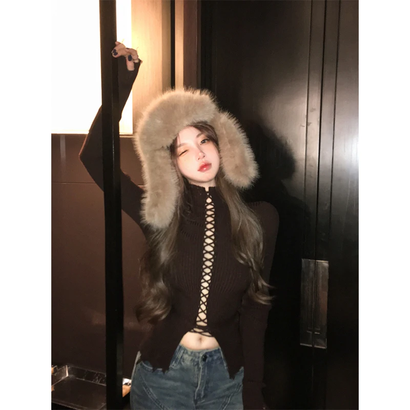 

Y2K Turtleneck Sweater Women Vintage Harajuku Sexy Hollow Out Knitted Pullovers Gyaru Grunge Bandage Knitwears Winter Jumpers