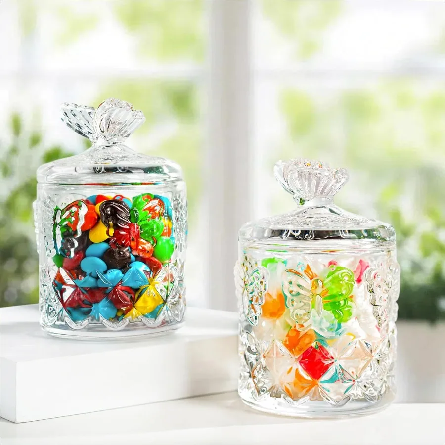 

kanpura 2 Pack Small Candy Dish with Lid 7 Oz Decorative Crystal Glass Candy Jar with Lid Clear Covered Candy Bowl Retro Candy