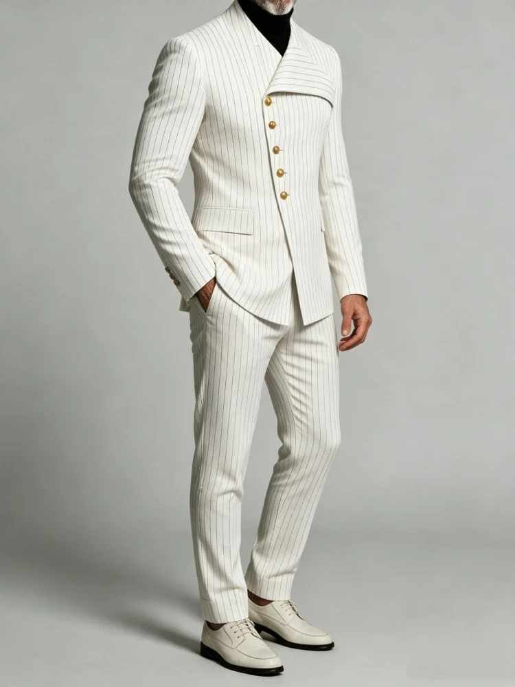 Luxury Mens Pinstripe Suit Set Slim Fit Unique Oblique Lapel Formal Wedding Suit Blazer Pants