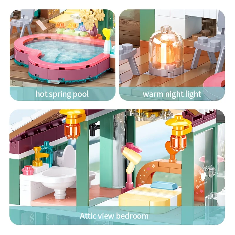 Dollhouse building blocks, DIY handcrafted half-mountain hot spring cabin, girls' role-playing puzzle building toys