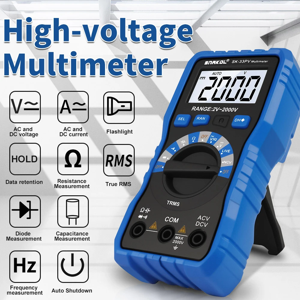 SNAKOL SK-33PV 2000V High Voltage Digital Multimeter True RMS Anti-Burn Multifunction Electrical Meter Fully Automatic Range