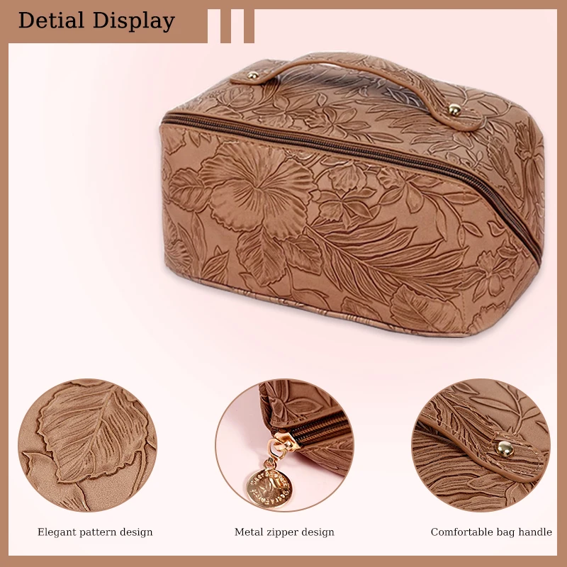 Multifunctional Pu Leather Cosmetic Bag With 3D Pressed For Women\'S Outdoor Travel Makeup Bag Skincare Bag Gifts Makeup Bag