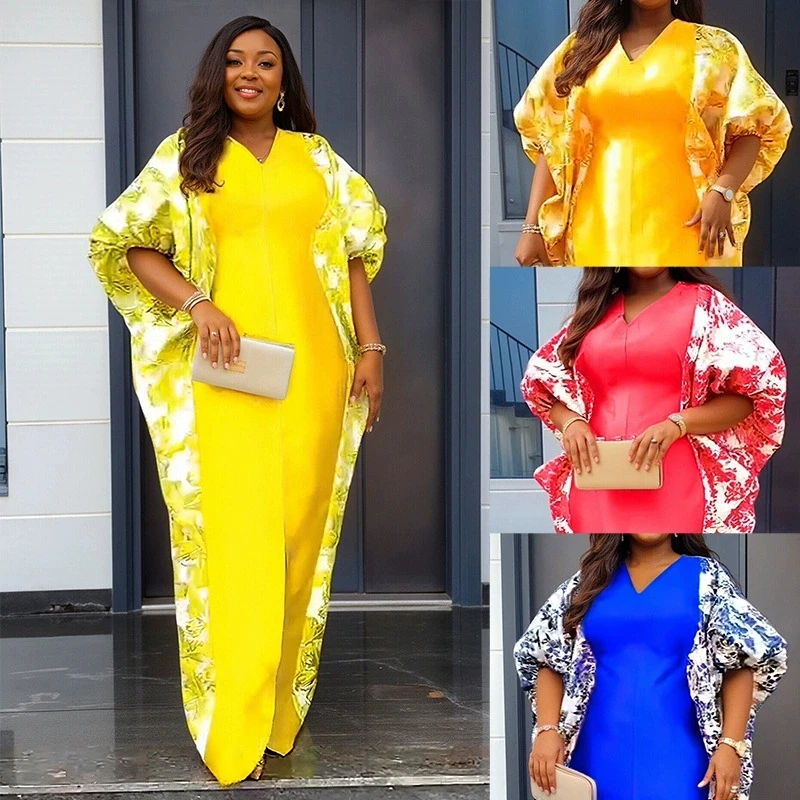 

Элегантное африканское женское мусульманское модное платье Boubou Abayas, халат Dashiki Ankara, вечернее платье с контрастным принтом, кафтан, платье макси