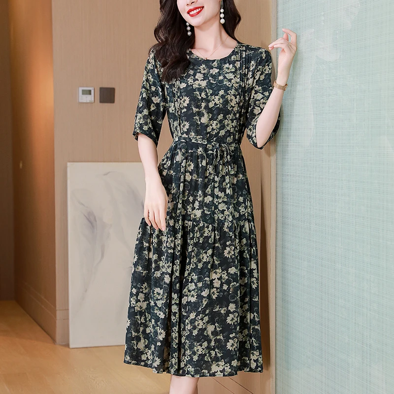 100% Real Silk Summer Dresses for Women 2026 Elegant Fashion Half Sleeve Women's Floral Print Dress A-line Woman Long Midi Dress