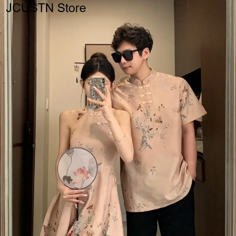 Sexy Sleeveless Short Qipao Lady Summer New Vestidos Chinese Style Men Shirt Tang Clothes Print Loose Streetwear Men Tees