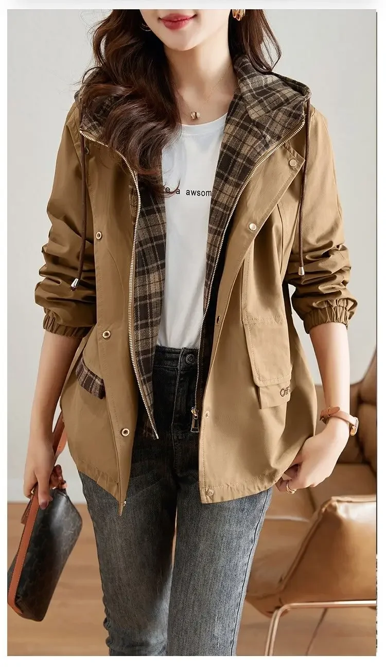 2025 New Korean Fashion Short Hooded Windbreaker Female Long-Sleeved Loose Casual Outwear Coats Women Autumn Trench Coat Woman