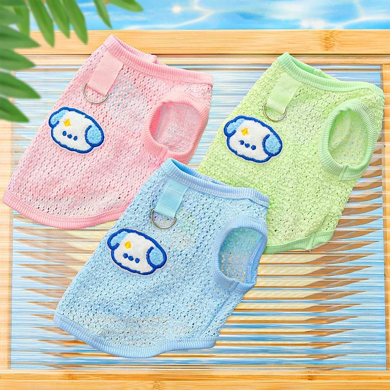 

Puppy Embroidered Teddy Vest Summer Cute Dog Clothes Hollow Out Breathable Pomeranian Pullover Fashion Mesh Maltese T-Shirt