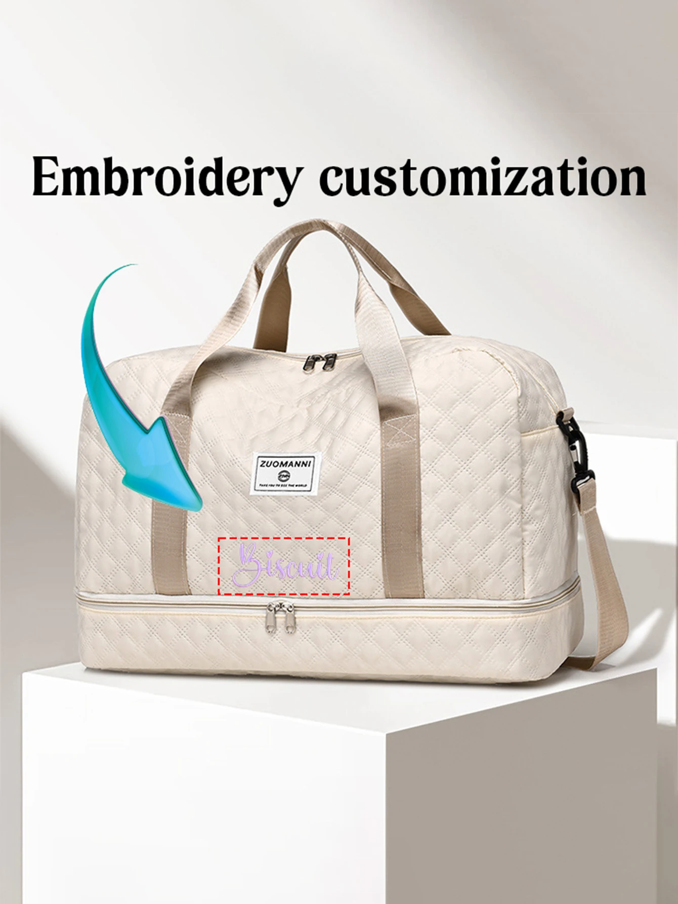 (Please private message customer service) Embroidery DIY text customization, plaid travel bag