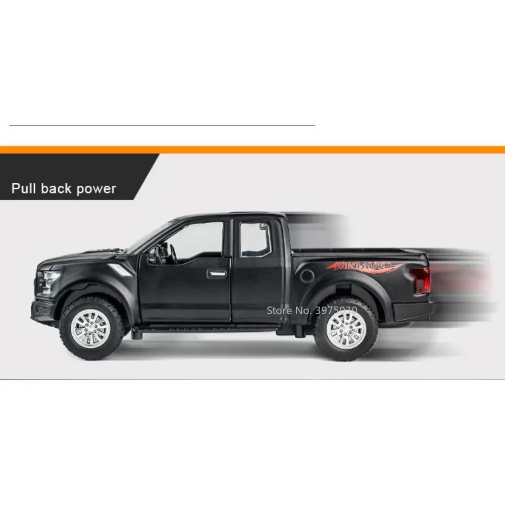 1:32 Scale Alloy Model Car Raptor F150 Pickup Diecast Metal Off Road Vehicle Sound Light Pull Back Toy Collection for Kids Gifts