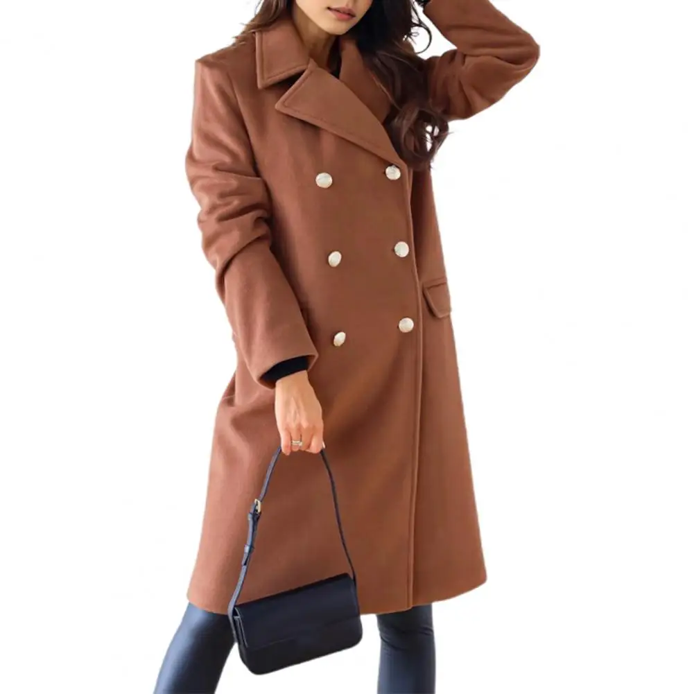 Winter Women Overcoat Solid Color Turn-down Collar Double-breasted Cardigan Coat Thermal Long Sleeves Commuting Outerwear