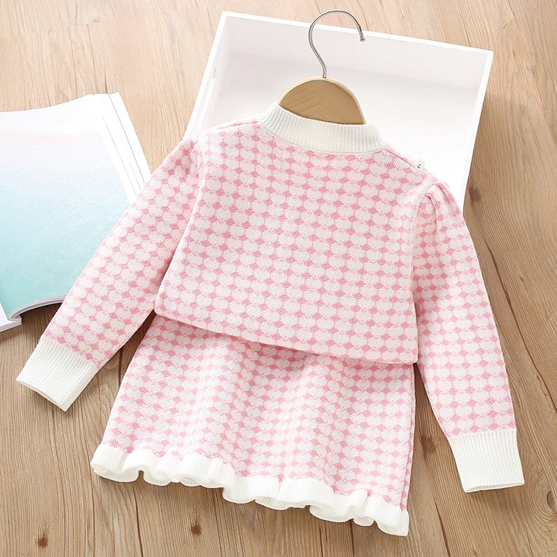 Little maven Children's Plaid Knit Cardigan Outfits Baby Girls Princess Suits Autumn Winter Elegant Sweater + Dress Lattice Set