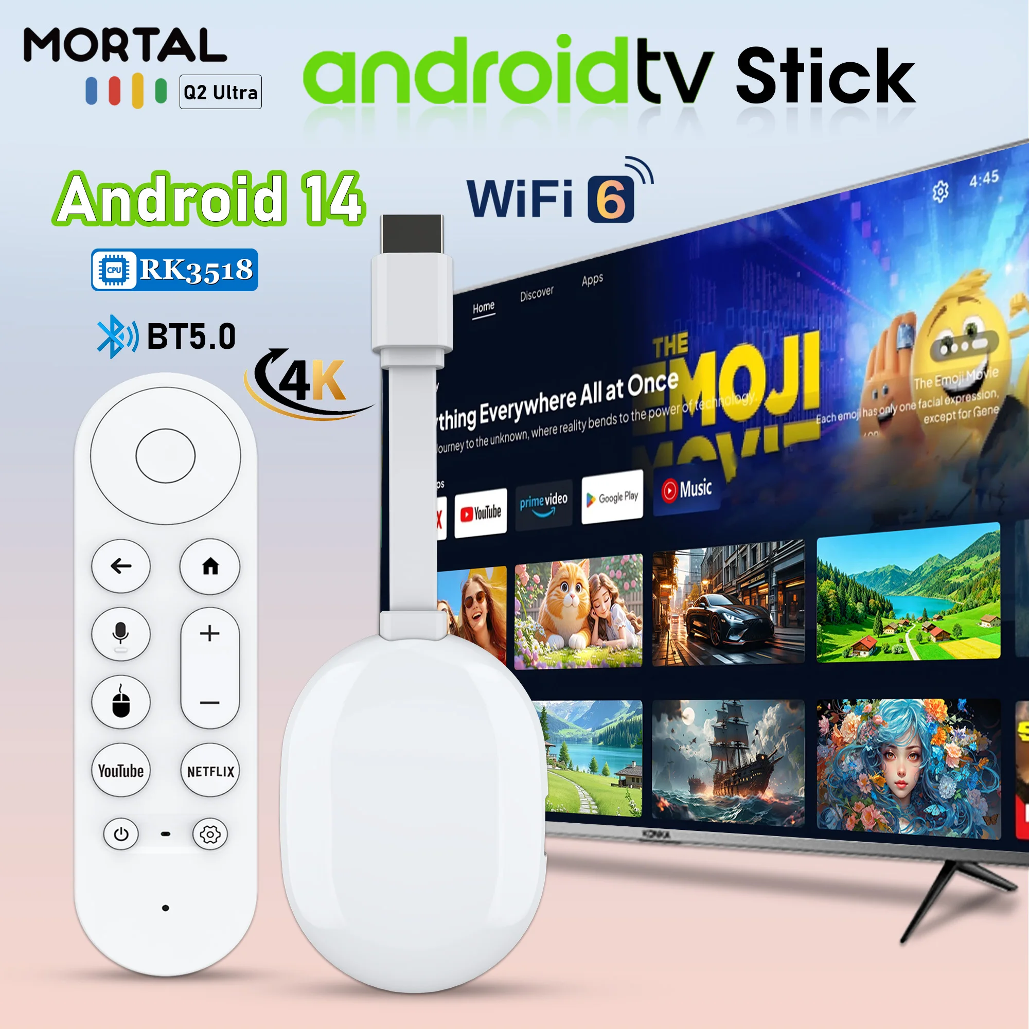 

MORTAL Q2 Ultra TV Stick RK3518 Android 14 4K HD Смарт-медиаплеер с поддержкой WiFi 6, BT5.0 и голосовым управлением