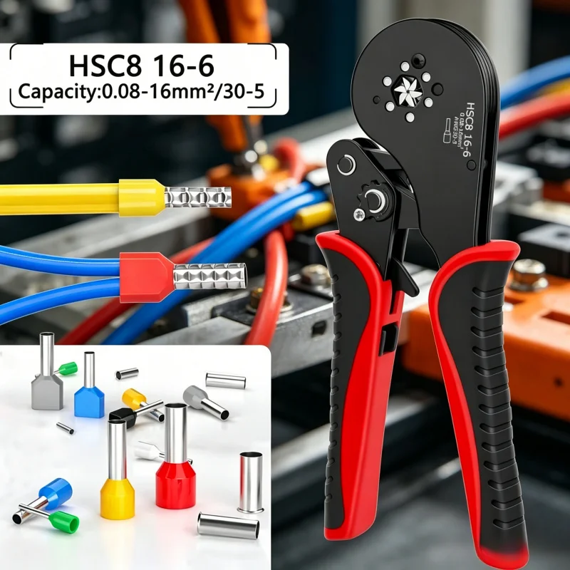 Alicate de Crimpagem de Terminais de Grande Porte HSC8 16-6 (0.08-16mm²/30-5AWG) - Alicate de Crimpagem para Terminais Tubulares e de Ponteira para Conectores Elétricos
