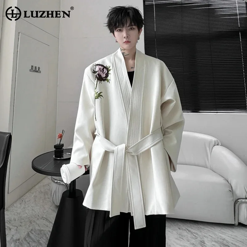 

LUZHEN Embroidery Design Coat Windbreaker Korean Fashion Ribbon Decorate High Quality Nightgown Tops Men Trench 2024 LZ6049