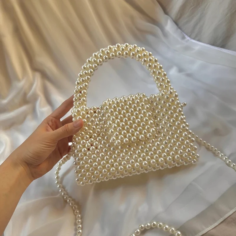 2 Size Elegant Fashion Shoulder Bag Handbags for Women Work Commuter Long Shoulder Strap Handmade Beaded White Pearl