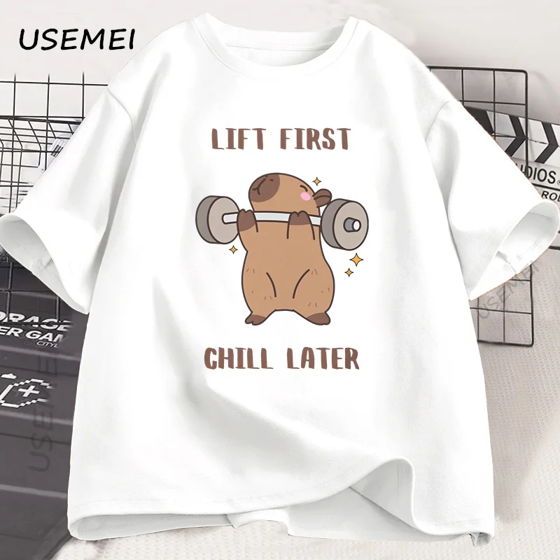 Capybara Gym T-Shirt Men Women Sports Weightlifting Tee Workout Fitness T Shirt Top Unisex Softstyle Loose Cotton Tshirt Clothes