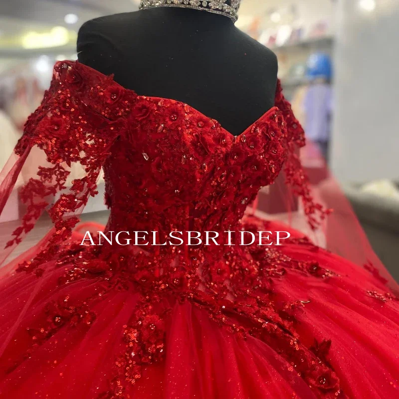 Angelsbridep ที่กําหนดเองหรูหราปิดไหล่ชุดบอล Quinceanera ชุดสีแดง Glitter Tulle Vestidos De 15 ปี Quinceañeras