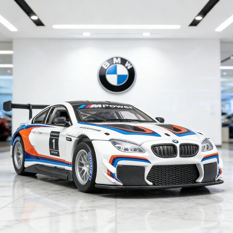 

Модель автомобиля BMW M6 GT3 Supercar из сплава, масштаб 1:32, со звуком и светом, с функцией отката назад, детская игрушка, коллекционная модель, подарок на день рождения