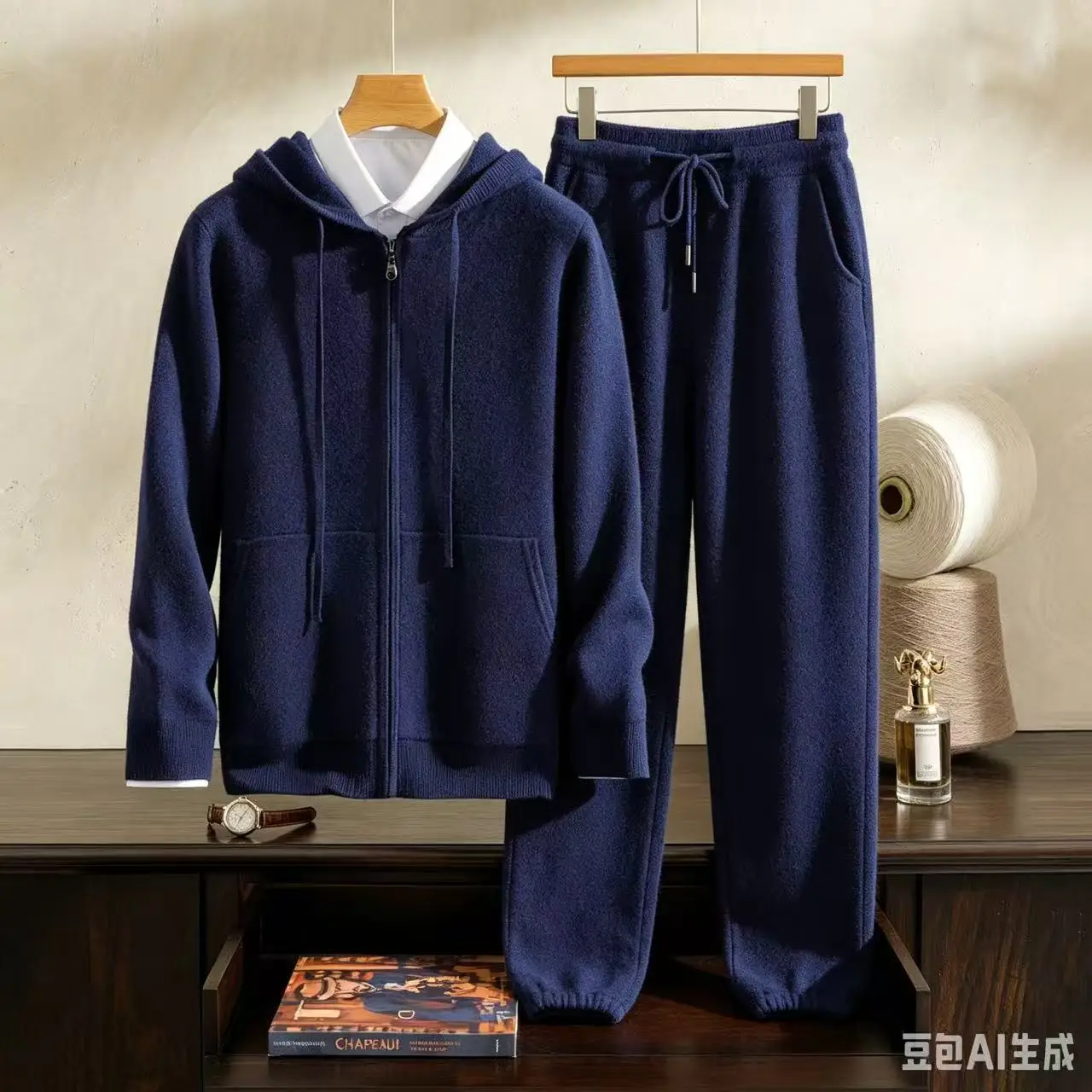 

High quality 100% cashmere men's set hooded zipper cardigan jacket knit straight leg pants pocket two-piece set air layer thick