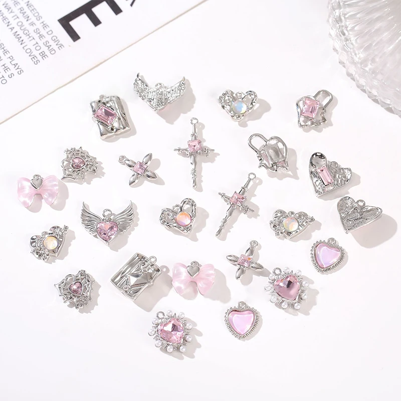 1Pc Silver Plated Alloy Shiny Pendant Charms DIY Pink Beading Material Necklace Bracelet Jewelry Accessories For Children Girl