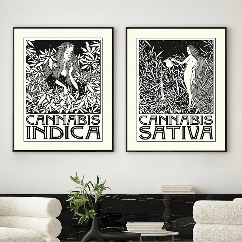 Impresiones de Indica y Sativa, póster de Cannabis blanco y negro, pintura en lienzo de Marijuana, arte Nouveau Aubrey Beardsley, decoración